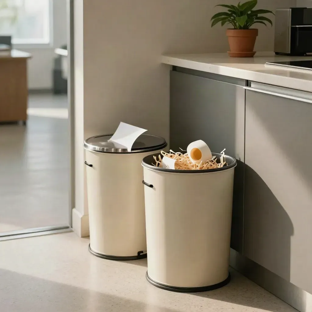 Angolo cucina ufficio con bidoni raccolta, contenitore compost, carta triturata e piantina